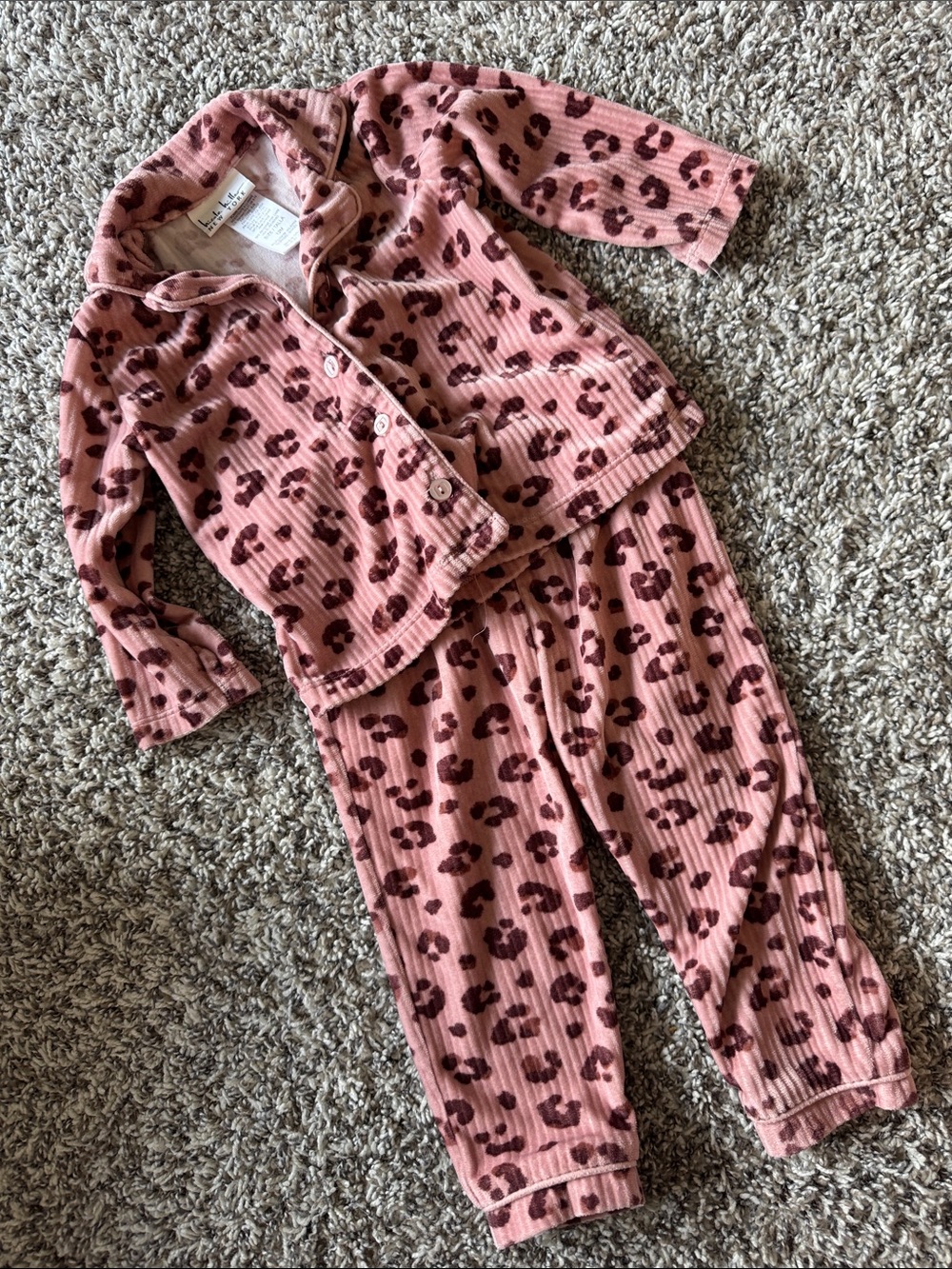 Kids Velour Ribbed Pink Leopard Pajama Set